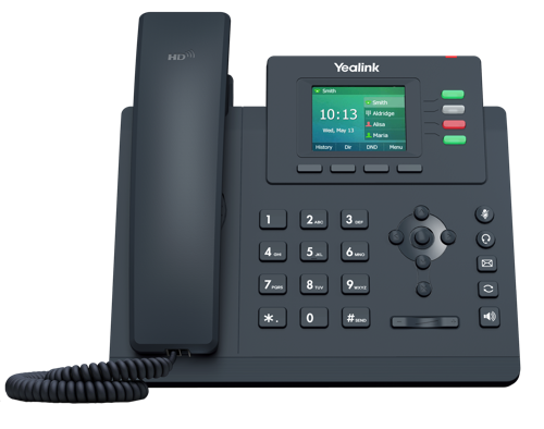 T33G VoIP SIP telephone, 2 x Gigabit Ethernet, 4 x line keys, PoE required, AC optional, 2.4 inch colour backlit LCD, HD audio, RJ9 headset jack.