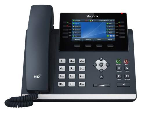 T46U VoIP SIP telephone, 2 x Gigabit Ethernet, 10 x line keys, PoE required, AC optional, 4.3 inch colour backlit LCD, HD audio, RJ9 headset jack.