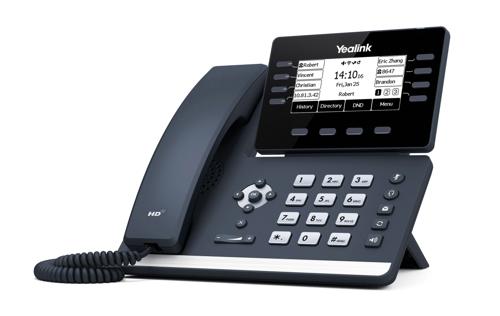 T53W VoIP SIP telephone, Wi-Fi 802.11ac, 2 x Gigabit Ethernet, 8 x line keys, PoE required, AC optional, 3.7 inch backlit LCD, HD audio.